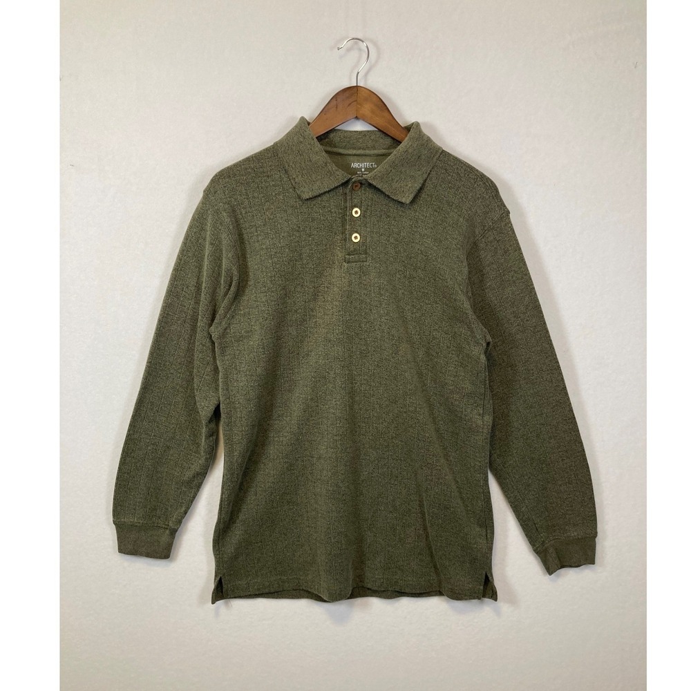 Architect Polo Shirt Mens Medium Green Long Sleeve Ribbed Cotton Blend Casual‎